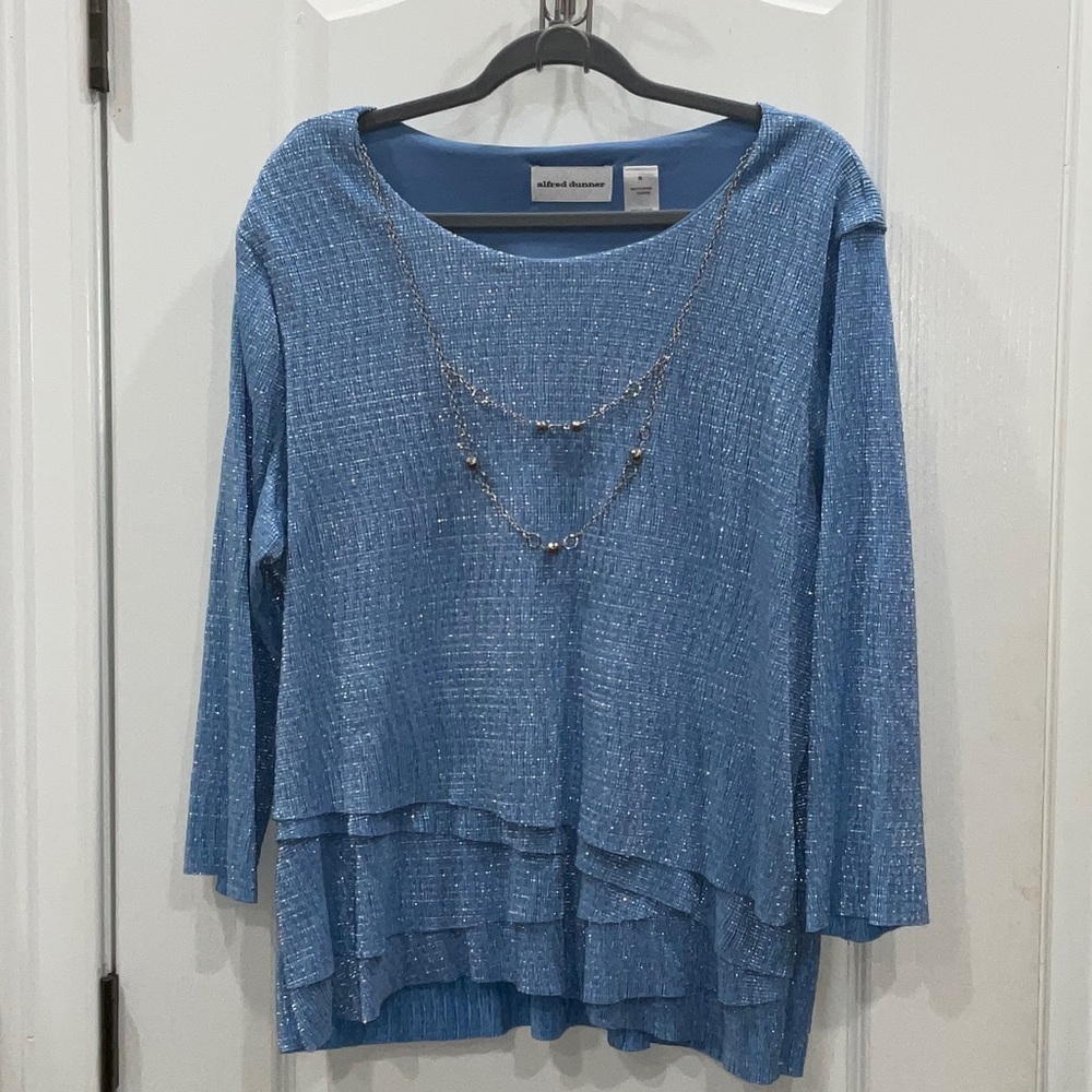 Alfred Dunner Textured Blue Blouse with Necklace